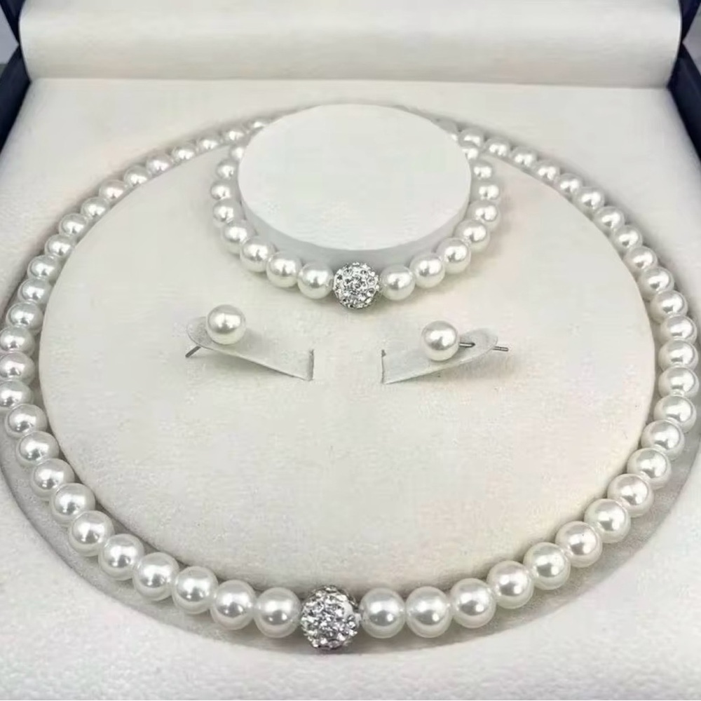 Classic White Pearl Necklace, Bracelet and Stud Earring Set Of 3 Crystal